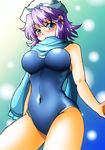  absurdres blue_background blue_eyes blush breasts competition_school_swimsuit competition_swimsuit d-m_(dii_emu) hat highres large_breasts lavender_hair letty_whiterock looking_at_viewer one-piece_swimsuit open_mouth scarf solo swimsuit touhou 