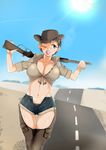  bad_id bad_pixiv_id black_panties blush breasts brown_eyes brown_hair bubble_blowing capoki chewing_gum collarbone cowboy_hat day desert freckles girls_und_panzer groin gun hat highres large_breasts naomi_(girls_und_panzer) navel one_eye_closed panties rifle road short_shorts shorts sky solo underwear weapon 