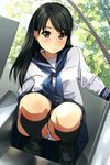  black_eyes black_hair blush dutch_angle eyebrows_visible_through_hair highres long_hair long_sleeves looking_at_viewer matsunaga_kouyou original panties pantyshot pantyshot_(squatting) pleated_skirt school_uniform serafuku skirt smile solo squatting underwear white_panties 