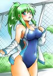  absurdres alternate_hairstyle breasts cleavage competition_swimsuit d-m_(dii_emu) frog_hair_ornament grass green_hair hair_ornament hair_tubes highres jacket kochiya_sanae large_breasts long_hair looking_at_viewer one-piece_swimsuit ponytail skirt snake_hair_ornament solo swimsuit touhou 