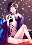  bangs blue_eyes blunt_bangs blush bob_cut breasts collar eyebrows_visible_through_hair fangs fate/grand_order fate_(series) food fruit grapes heart highres horns kasappi looking_at_viewer navel oni oni_horns open_mouth petals purple_hair short_hair shuten_douji_(fate/grand_order) sitting small_breasts smile solo 
