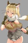  1girl animal_ear_fluff animal_ears bare_shoulders blonde_hair blush brown_eyes brown_hair cat_ears choir_(artist) commentary_request extra_ears eyebrows_visible_through_hair eyes_visible_through_hair frilled_skirt frills fur_collar gloves grey_background high-waist_skirt highres jungle_cat_(kemono_friends) kemono_friends looking_at_viewer multicolored_hair panties panty_peek parted_lips puffy_short_sleeves puffy_sleeves short_sleeves simple_background skirt solo two-tone_hair underwear white_panties 