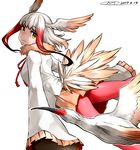  animal bangs bird_tail blunt_bangs empty_eyes flying_sweatdrops gloves happa_(cloverppd) head_wings japanese_crested_ibis japanese_crested_ibis_(kemono_friends) kemono_friends long_hair long_sleeves multicolored_hair pantyhose pleated_skirt red_hair red_legwear shirt simple_background skirt sleeves_past_wrists tail two-tone_hair white_background white_hair yellow_eyes 