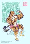  2016 abs anthro benji_(character) beverage bracelet clothed clothing clouded_leopard ear_piercing feline flexing green_eyes grin hyper hyper_muscles jewelry mainlion male mammal muscular muscular_male pecs penis piercing simple_background sitting smile solo thick_thighs topless vein veiny_muscles wardrobe_malfunction 