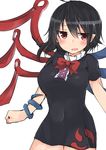 bangs black_dress black_hair blush bow bowtie breasts clenched_hand covered_navel cowboy_shot dress eyebrows_visible_through_hair frills golgi_hon hair_between_eyes highres houjuu_nue large_breasts looking_at_viewer open_mouth pointy_ears red_bow red_eyes red_neckwear short_dress short_hair short_sleeves simple_background solo touhou white_background 