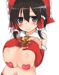  ascot bangs black_eyes black_hair blush bow breasts closed_mouth detached_collar elbow_gloves eyebrows_visible_through_hair fur_trim gloves golgi_hon hair_between_eyes hair_bow hair_tubes hakurei_reimu hands_on_own_face highres huge_breasts jitome looking_at_viewer navel pasties red_bow red_gloves side_ponytail simple_background smile solo stomach topless touhou upper_body white_background 