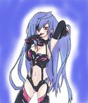  1girl blue_hair bodysuit breasts cleavage elbow_gloves gloves highres iris_heart kami_jigen_game_neptune_v large_breasts leotard long_hair navel neptune_(series) open_mouth power_symbol pururut red_eyes simple_background smile solo symbol-shaped_pupils very_long_hair 
