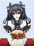  1girl bare_shoulders black_hair blush cake chaos-moon dress elbow_gloves food gloves highres long_hair looking_at_viewer neptune_(series) open_mouth red_eyes smile solo tied_hair twintails uni upper_body 