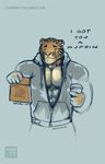  2015 abs anthro benji_(character) beverage clothing clouded_leopard coffee dialogue ear_piercing english_text feline food green_eyes hoodie mainlion male mammal muffin muscular muscular_male offscreen_character one_eye_closed pecs piercing text wink 