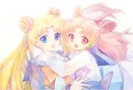  bishoujo_senshi_sailor_moon blonde_hair blue_eyes blue_sailor_collar bow chibi_usa double_bun juuban_middle_school_uniform long_hair looking_at_viewer multiple_girls orange_bow pink_bow pink_eyes pink_hair sailor_collar school_uniform serafuku short_hair smile tsukasaki_ryouko tsukino_usagi twintails upper_body white_background 