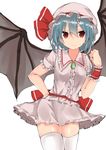  bangs bat_wings blue_hair bow closed_mouth cowboy_shot eyebrows_visible_through_hair frills golgi_hon hair_between_eyes hat hat_bow highres jewelry looking_at_viewer miniskirt mob_cap pendant pink_hat pink_skirt red_bow red_eyes remilia_scarlet short_hair short_sleeves simple_background skirt skirt_set smile solo thighhighs touhou white_background white_legwear wings wristband zettai_ryouiki 