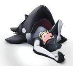 black_hair blush brown_eyes commentary dated emperor_penguin_(kemono_friends) frankseven hair_over_one_eye kemono_friends leotard long_hair looking_at_viewer lying on_back open_mouth orca revision simple_background sleeping_bag solo white_background white_leotard 
