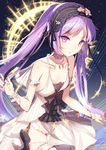  arm_at_side bare_shoulders bison_cangshu blue_background bonnet breasts collarbone dress euryale fate/grand_order fate/hollow_ataraxia fate_(series) hair_between_eyes hairband headdress lolita_hairband long_hair parted_lips purple_eyes purple_hair short_dress sketch small_breasts solo star starry_background thighs twintails very_long_hair white_dress 
