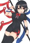  ahoge bangs black_dress black_hair black_legwear bow bowtie breasts cowboy_shot dress eyebrows_visible_through_hair golgi_hon hair_between_eyes hand_up highres holding houjuu_nue large_breasts looking_at_viewer open_mouth pointy_ears red_bow red_eyes red_neckwear short_dress short_hair short_sleeves simple_background smile solo thighhighs touhou white_background wristband zettai_ryouiki 