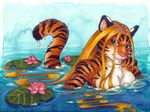  anthro blonde_hair blue_eyes breasts cleavage clothed clothing feline female flower hair mammal plant sandy_schreiber solo tiger water water_lily 