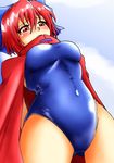  arms_behind_back ass_visible_through_thighs blush bow cape covered_mouth d-m_(dii_emu) hair_bow highres one-piece_swimsuit red_cape red_eyes red_hair sekibanki short_hair solo swimsuit touhou 