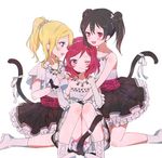 3girls :d animal_print ayase_eli bangs between_legs bibi_(love_live!) black_hair blonde_hair blue_eyes blush boots bow cat_tail commentary_request cutie_panther elbow_gloves fingerless_gloves frilled_gloves frills girl_sandwich gloves jewelry kneeling knees_together_feet_apart leopard_print love_live! love_live!_school_idol_project multiple_girls necklace nishikino_maki one_eye_closed open_mouth petticoat purple_eyes red_eyes red_hair sandwiched sash short_sleeves simple_background sitting skirt sleeveless smile strapless tail tail_between_legs tail_bow twintails v-shaped_eyebrows white_background yazawa_nico 