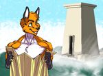 2016 anthro athletic building canine clothed clothing digital_media_(artwork) flyingram fox hair hi_res male mammal map muscular outside smile topless 