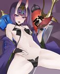  alcohol blush breasts commentary_request drunk fang fate/grand_order fate_(series) horns japanese_clothes kimono navel oni oni_horns purple_eyes purple_hair purple_kimono revealing_clothes shunichi shuten_douji_(fate/grand_order) small_breasts solo 