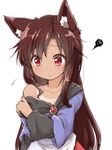  animal_ears blush brown_hair collarbone imaizumi_kagerou long_hair long_sleeves natsu_no_koucha off_shoulder red_eyes simple_background solo sweatdrop tan tanline touhou undressing white_background wolf_ears 
