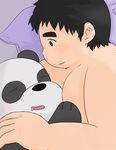  2017 bear bed blush digital_drawing_(artwork) digital_media_(artwork) drooling grey_eyes hug human inside male male/male mammal moobs overweight overweight_male panda panda_(wbb) pillow saliva tsunamagero 