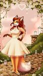 5_fingers anthro brown_nose canine closed clothing day detailed_background dress eyelashes female fox grass green_eyes hair mammal red_hair robyn_paperdoll smile solo standing 