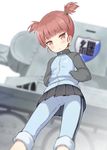  bangs blue_jacket blue_pants blue_skirt blurry bt-42 depth_of_field emblem from_below girls_und_panzer ground_vehicle hair_tie hands_in_pockets jacket keizoku_(emblem) keizoku_military_uniform long_sleeves looking_at_viewer mikko_(girls_und_panzer) military military_uniform military_vehicle miniskirt motor_vehicle pants pants_rolled_up pants_under_skirt parted_lips pleated_skirt raglan_sleeves red_eyes red_hair short_hair short_twintails shuuichi_(gothics) skirt solo standing tank track_jacket track_pants twintails uniform upskirt 