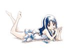  1girl adapted_costume bare_shoulders barefoot blue_eyes blue_hair feet heartcatch_precure! kurumi_erika long_hair looking_at_viewer lying matching_hair/eyes on_stomach precure smile solo swimsuit wet 