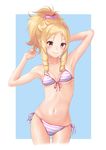  absurdres alternate_hairstyle armpits arms_up ass_visible_through_thighs bad_id bad_pixiv_id bare_arms bare_legs bare_shoulders bikini blonde_hair blush bow breasts closed_mouth collarbone commentary_request contrapposto cowboy_shot drill_locks eromanga_sensei fingernails front-tie_top furan_(pixiv20237436) hair_bow highres legs_apart long_hair looking_at_viewer midriff navel pink_bow pink_lips pointy_ears ponytail short_hair side-tie_bikini small_breasts smile solo standing stomach striped striped_bikini swimsuit yamada_elf yellow_eyes 