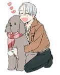  closed_eyes dog eko_(3193233) heart hug kneeling makkachin male_focus open_mouth scarf silver_hair smile tongue tongue_out viktor_nikiforov yuri!!!_on_ice 