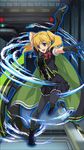  arm_up black_dress black_gloves black_legwear blonde_hair dress floating_hair full_moon gloves highres holding holding_weapon indoors leg_up long_hair looking_at_viewer military military_uniform moon outstretched_arm owari_no_seraph pantyhose pleated_dress purple_eyes sanguu_mitsuba short_dress short_sleeves solo twintails uniform weapon 