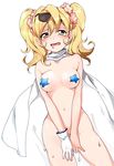  blonde_hair blush breasts cape contrapposto covered_nipples cowboy_shot drooling dutch_angle eyewear_on_head kinu_(le) looking_at_viewer medium_breasts naked_cape navel nude open_mouth pasties pussy_juice solo standing star_pasties sunglasses tears twintails 