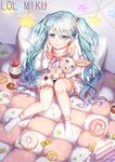 aqua_eyes aqua_hair bangs bow bowtie candy character_name closed_mouth collarbone cupcake doughnut eyebrows_visible_through_hair food frilled_skirt frills hair_between_eyes hair_ornament hair_scrunchie hand_on_own_cheek hand_on_own_face hatsune_miku holding holding_stuffed_animal indoors long_hair long_sleeves looking_at_viewer lots_of_laugh_(vocaloid) neckerchief on_bed pillow pink_bow pink_neckwear roang sailor_collar school_uniform scrunchie serafuku shirt sitting sitting_on_bed skirt smile socks solo stuffed_animal stuffed_bunny stuffed_toy sweets twintails very_long_hair vocaloid wavy_hair white_legwear white_shirt white_skirt 