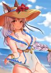  absurdres alternate_costume animal_ears bad_id bad_pixiv_id bare_arms bare_shoulders beach braid breasts cleavage cloud collarbone covered_navel covered_nipples day ears_through_headwear erune flower granblue_fantasy hair_between_eyes hat heles hibiscus highres large_breasts lips long_hair looking_at_viewer mariial ocean outdoors see-through silver_hair single_braid sky smile solo straw_hat sun_hat swimsuit swimsuit_pull very_long_hair white_swimsuit yellow_eyes 