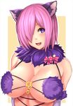  absurdres animal_ears arms_at_sides bare_shoulders breasts cat_ears cleavage collarbone dangerous_beast fang fate/grand_order fate_(series) hair_over_one_eye highres kemonomimi_mode large_breasts looking_at_viewer mash_kyrielight nude open_mouth pink_hair purple_eyes purple_hair short_hair smile solo upper_body yashichii yellow_background 