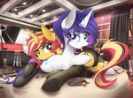  2017 absurd_res bowl clothed clothing cutie_mark duo english_text equestria_girls equine eyelashes eyeshadow female feral friendship_is_magic hair hi_res hooves horn inside legwear looking_at_viewer makeup mammal multicolored_hair my_little_pony nevobaster notebook open_mouth rarity_(mlp) stool sunset_shimmer_(eg) text tongue tongue_out two_tone_hair underwear unicorn 