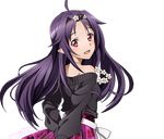  :d ahoge arms_behind_back black_sweater blush floating_hair from_behind hairband long_hair looking_at_viewer looking_back off_shoulder official_art open_mouth pointy_ears purple_eyes purple_hair purple_skirt red_eyes shiny shiny_skin skirt smile solo sweater sword_art_online sword_art_online:_code_register transparent_background upper_body yuuki_(sao) 