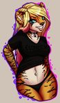  anthro blonde_hair blue_eyes brown_nose closed collar eyelashes feline female hair mammal midriff navel robyn_paperdoll smile teeth tiger wide_hips 