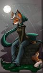  anthro closed clothing female fur hoodie mammal moon night orange_fur outside raining red_panda robyn_paperdoll solo 