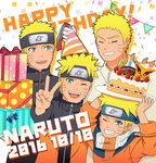  5boys :d absurdres age_progression bandaged_arm bandages birthday_cake blonde_hair blue_eyes boruto:_naruto_the_movie box cake candle character_name dated facial_mark food forehead_protector gift gift_box grin happy_birthday hat highres jacket manjimaru_369 multiple_boys multiple_persona naruto:_the_last naruto_(series) naruto_shippuuden one_eye_closed open_mouth party_hat plate smile spiked_hair uzumaki_naruto v whisker_markings 