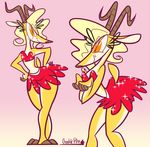  antelope anthro antlers clothed clothing crackiepipe duo female gazelle hair horn mammal simple_background smile standing toony 