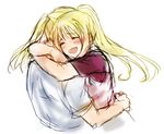  1boy 1girl blonde_hair blush edward_elric eyebrows_visible_through_hair eyes_closed fullmetal_alchemist happy hug long_hair open_mouth ponytail shirt simple_background smile tsukuda0310 white_background white_shirt winry_rockbell 