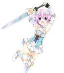  absurdres armor armored_boots armpits arms_up bare_shoulders boots breastplate elbow_gloves eyebrows_visible_through_hair fingerless_gloves four_goddesses_online:_cyber_dimension_neptune gauntlets gloves greaves hair_ornament highres holding holding_weapon leg_up looking_at_viewer neptune_(choujigen_game_neptune) neptune_(series) official_art open_mouth pleated_skirt purple_eyes purple_hair short_hair skirt sleeveless smile solo sword thighhighs transparent_background tsunako weapon zettai_ryouiki 