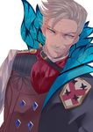  asyde blue_eyes closed_mouth coat_of_arms double-breasted facial_hair fate/grand_order fate_(series) grey_hair highres james_moriarty_(fate/grand_order) looking_to_the_side male_focus mustache simple_background solo uniform upper_body white_background 