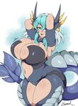  2017 animal_humanoid big_breasts blue_eyes breasts cleavage clothed clothing female hair hi_res huge_breasts humanoid long_hair mehdrawings multicolored_hair sea_serpent smile solo tight_clothing two_tone_hair wide_hips 