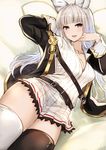  akai_kagerou animal_ears bangs belt black_jacket black_legwear blunt_bangs blush breasts cleavage collarbone commentary_request dress erune granblue_fantasy hand_behind_head hand_on_own_chin highres jacket korwa long_hair looking_at_viewer lying medium_breasts mismatched_legwear on_back open_clothes open_jacket open_mouth ribbed_dress silver_eyes silver_hair sleeve_cuffs smile solo thighs white_dress white_legwear 