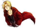  1boy black_pants black_shirt blonde_hair coat edward_elric eyebrows_visible_through_hair fullmetal_alchemist gloves long_hair pants red_coat shirt simple_background solo tsukuda0310 white_background yellow_eyes 