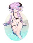  aaa_(s-e-r-i) barefoot bikini blue_eyes blush breasts cleavage collarbone double_bun draph earrings frilled_bikini_top frills full_body granblue_fantasy hair_ornament hair_over_one_eye head_tilt highres horns jewelry large_breasts long_hair looking_at_viewer narmaya_(granblue_fantasy) navel pointy_ears purple_hair revision sitting solo swimsuit very_long_hair water wet white_background white_bikini 