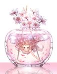  air_bubble artist_name barefoot blush bottle bubble cherry_blossoms collarbone flower highres holding_breath in_bottle in_container long_hair looking_at_viewer original petals pink pink_eyes pink_hair reflection roang smile solo submerged water 