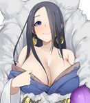  bare_shoulders black_hair blue_dress blue_eyes blue_kimono breasts cleavage closed_mouth collarbone commentary_request dress earrings eyelashes fur_trim hair_over_one_eye hand_up highres japanese_clothes jewelry kaguya_hime_(sinoalice) kimono large_breasts long_hair long_sleeves looking_at_viewer off-shoulder_dress off_shoulder senju_(snz0) simple_background sinoalice smile solo upper_body white_background wide_sleeves 